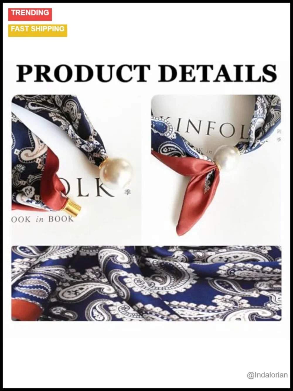 Magnetic Pearl Scarf Satin Silk Women Fashion Neck Tie Hair Bandana